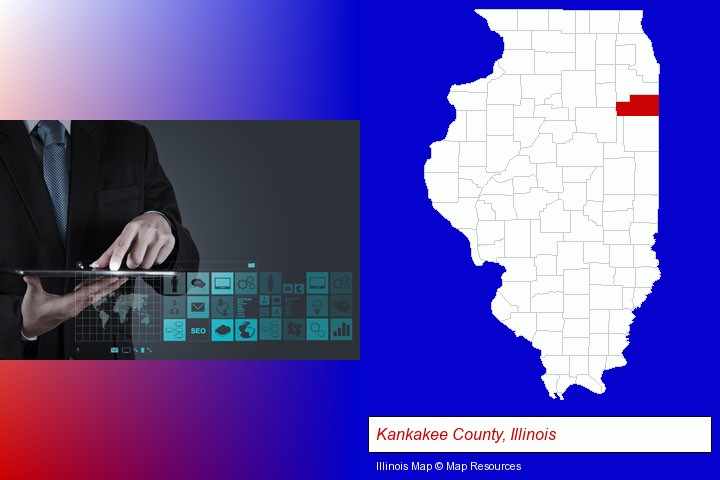 information technology concepts; Kankakee County, Illinois highlighted in red on a map