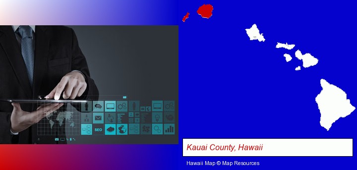 information technology concepts; Kauai County, Hawaii highlighted in red on a map