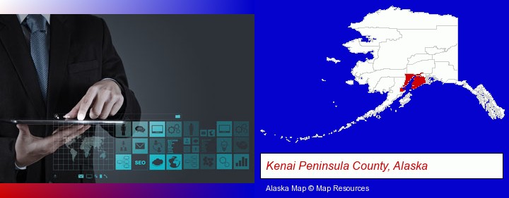 information technology concepts; Kenai Peninsula County, Alaska highlighted in red on a map
