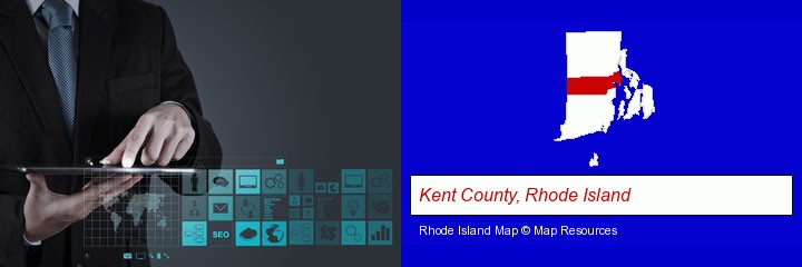 information technology concepts; Kent County, Rhode Island highlighted in red on a map