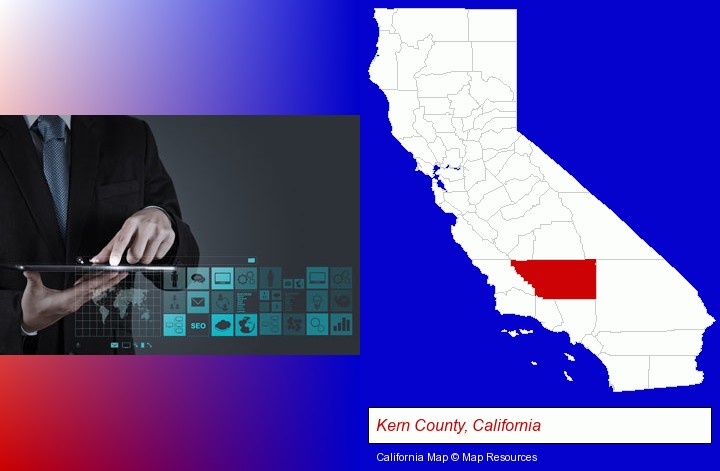 information technology concepts; Kern County, California highlighted in red on a map