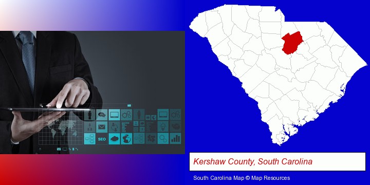 information technology concepts; Kershaw County, South Carolina highlighted in red on a map
