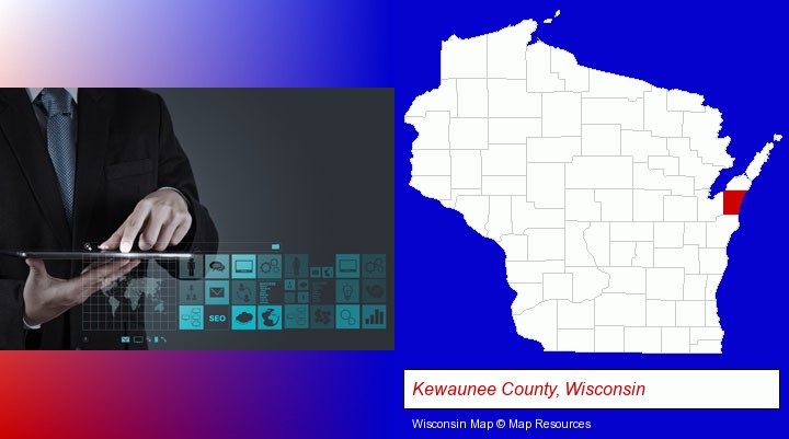 information technology concepts; Kewaunee County, Wisconsin highlighted in red on a map
