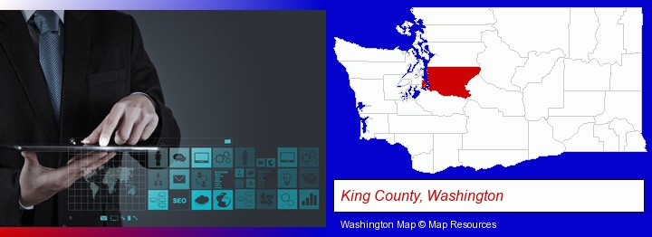 information technology concepts; King County, Washington highlighted in red on a map