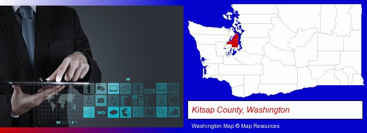 information technology concepts; Kitsap County, Washington highlighted in red on a map