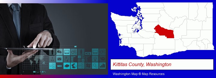 information technology concepts; Kittitas County, Washington highlighted in red on a map
