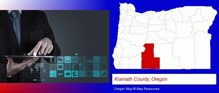 information technology concepts; Klamath County, Oregon highlighted in red on a map