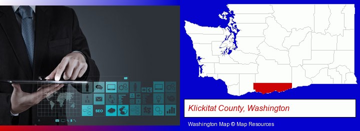 information technology concepts; Klickitat County, Washington highlighted in red on a map