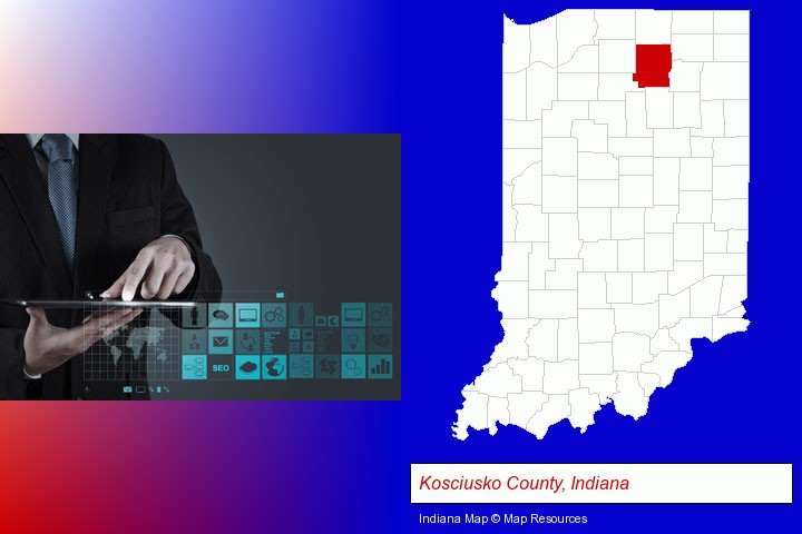 information technology concepts; Kosciusko County, Indiana highlighted in red on a map