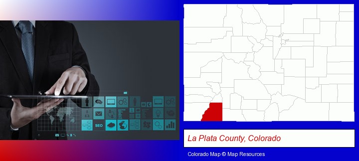 information technology concepts; La Plata County, Colorado highlighted in red on a map