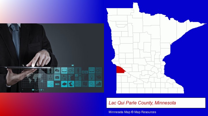 information technology concepts; Lac Qui Parle County, Minnesota highlighted in red on a map