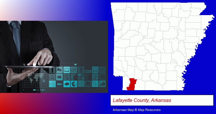 information technology concepts; Lafayette County, Arkansas highlighted in red on a map