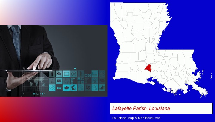 information technology concepts; Lafayette Parish, Louisiana highlighted in red on a map