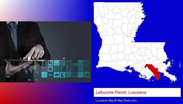information technology concepts; Lafourche Parish, Louisiana highlighted in red on a map