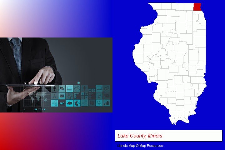 information technology concepts; Lake County, Illinois highlighted in red on a map