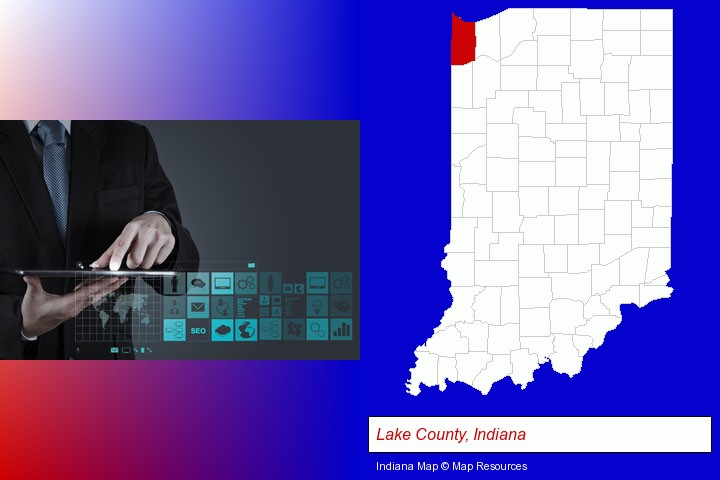 information technology concepts; Lake County, Indiana highlighted in red on a map