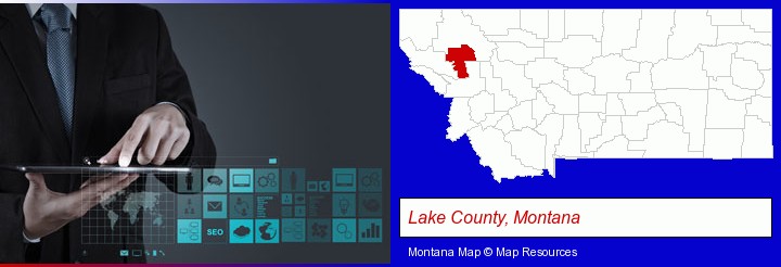 information technology concepts; Lake County, Montana highlighted in red on a map