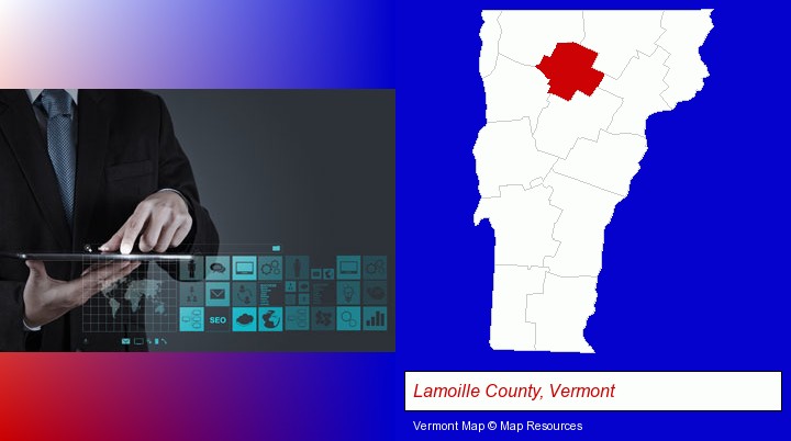 information technology concepts; Lamoille County, Vermont highlighted in red on a map