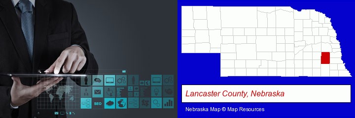 information technology concepts; Lancaster County, Nebraska highlighted in red on a map