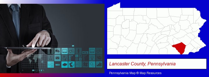 information technology concepts; Lancaster County, Pennsylvania highlighted in red on a map
