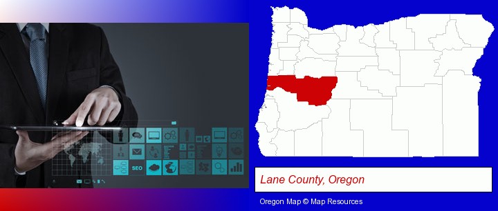 information technology concepts; Lane County, Oregon highlighted in red on a map