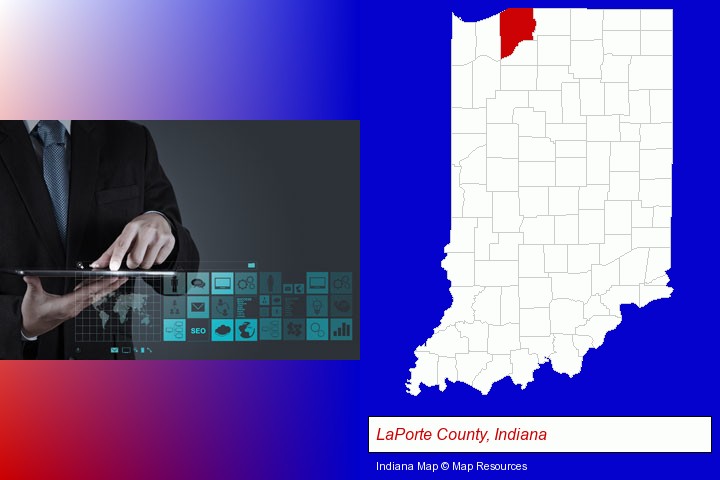 information technology concepts; LaPorte County, Indiana highlighted in red on a map