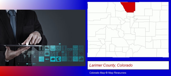 information technology concepts; Larimer County, Colorado highlighted in red on a map