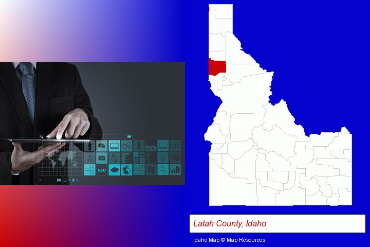 information technology concepts; Latah County, Idaho highlighted in red on a map