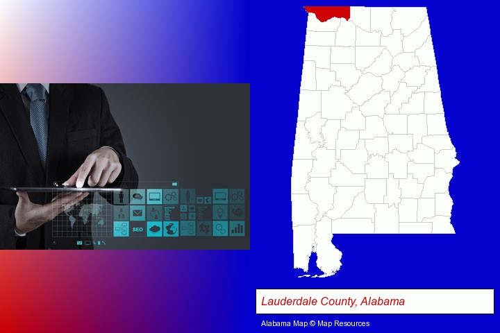 information technology concepts; Lauderdale County, Alabama highlighted in red on a map