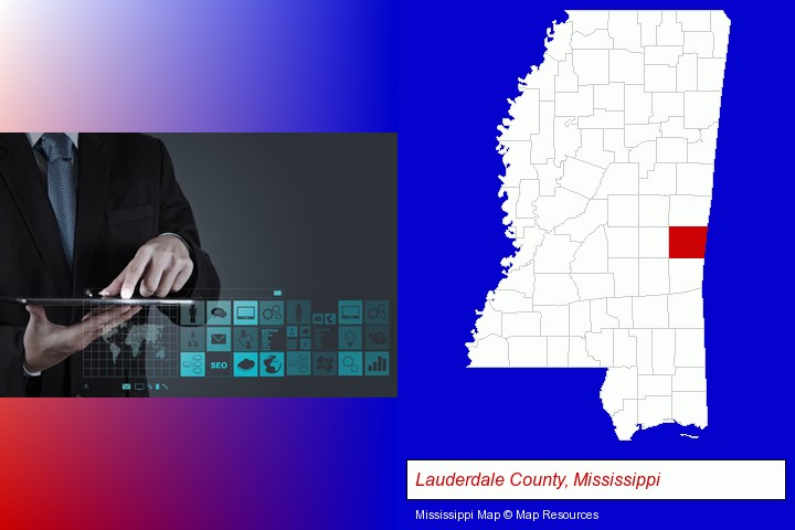 information technology concepts; Lauderdale County, Mississippi highlighted in red on a map