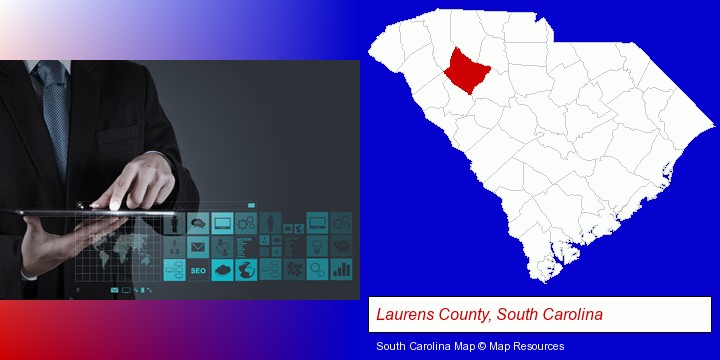 information technology concepts; Laurens County, South Carolina highlighted in red on a map