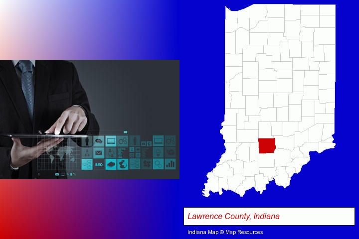 information technology concepts; Lawrence County, Indiana highlighted in red on a map