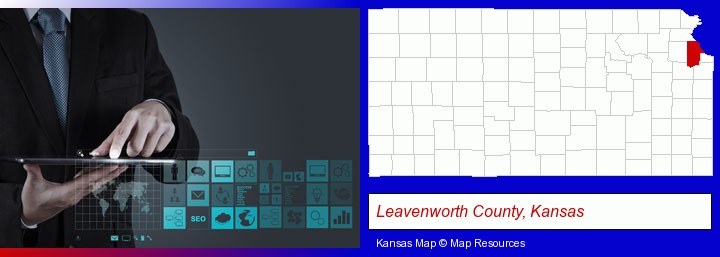 information technology concepts; Leavenworth County, Kansas highlighted in red on a map
