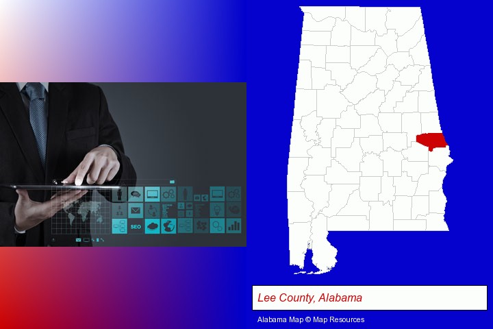 information technology concepts; Lee County, Alabama highlighted in red on a map