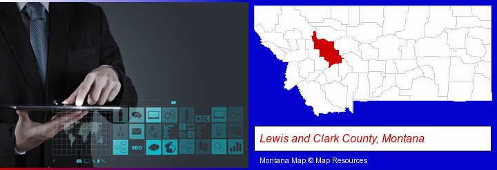 information technology concepts; Lewis and Clark County, Montana highlighted in red on a map