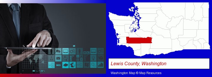 information technology concepts; Lewis County, Washington highlighted in red on a map