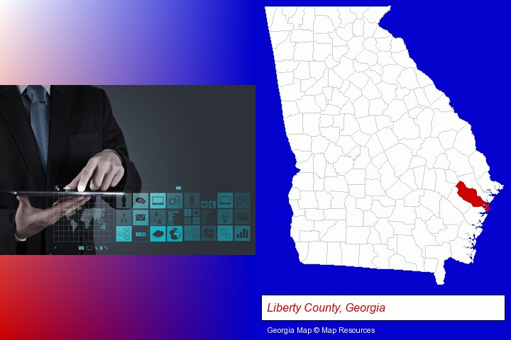 information technology concepts; Liberty County, Georgia highlighted in red on a map