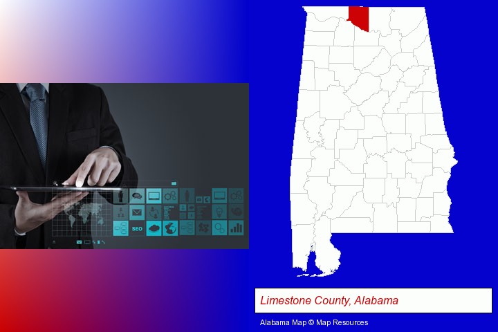 information technology concepts; Limestone County, Alabama highlighted in red on a map