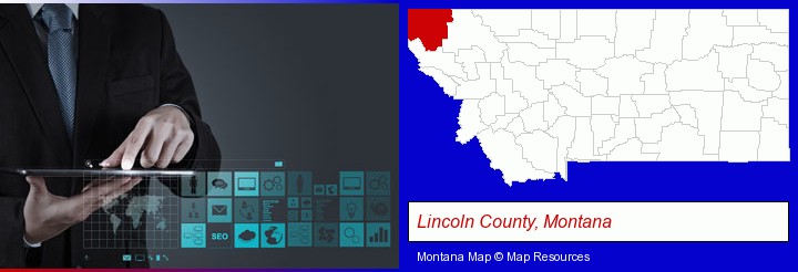 information technology concepts; Lincoln County, Montana highlighted in red on a map