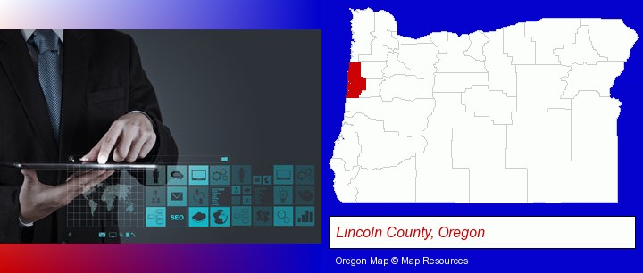 information technology concepts; Lincoln County, Oregon highlighted in red on a map