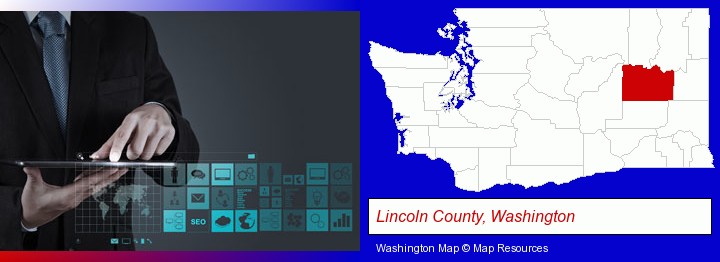 information technology concepts; Lincoln County, Washington highlighted in red on a map