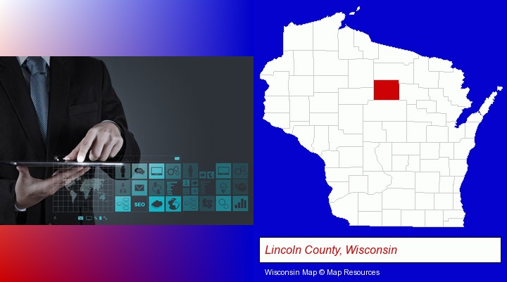 information technology concepts; Lincoln County, Wisconsin highlighted in red on a map
