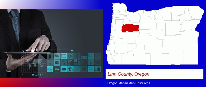 information technology concepts; Linn County, Oregon highlighted in red on a map