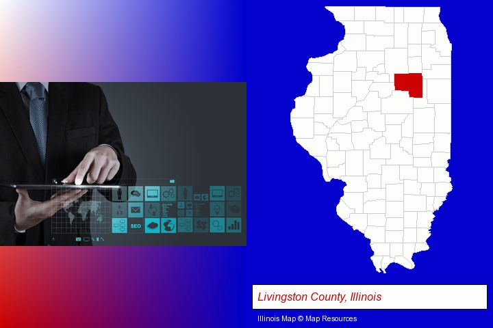 information technology concepts; Livingston County, Illinois highlighted in red on a map
