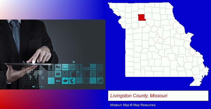 information technology concepts; Livingston County, Missouri highlighted in red on a map