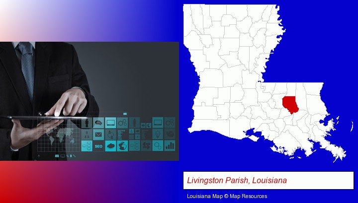 information technology concepts; Livingston Parish, Louisiana highlighted in red on a map