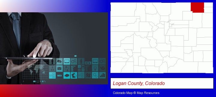 information technology concepts; Logan County, Colorado highlighted in red on a map