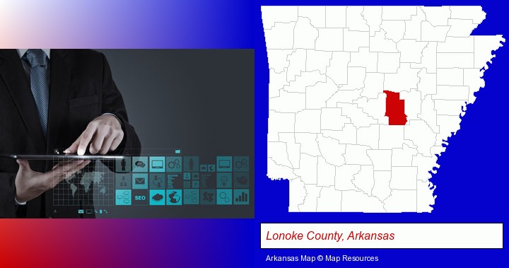 information technology concepts; Lonoke County, Arkansas highlighted in red on a map