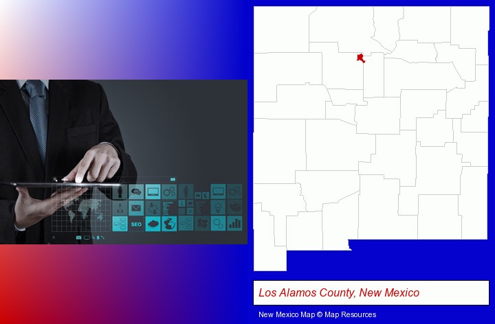 information technology concepts; Los Alamos County, New Mexico highlighted in red on a map