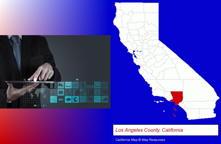information technology concepts; Los Angeles County, California highlighted in red on a map